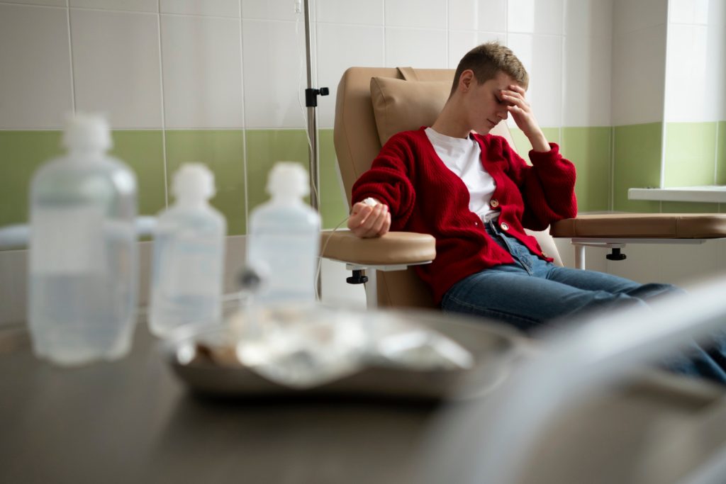 Patient undergoing chemotherapy for a blood disease