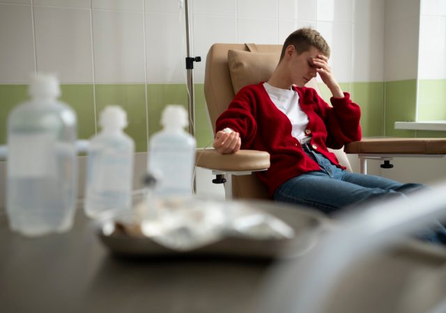 Patient undergoing chemotherapy for a blood disease