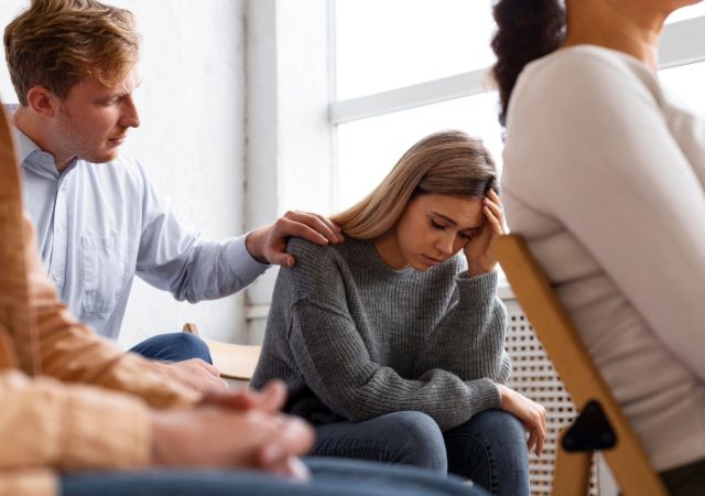Woman participating in a mental health group therapy session