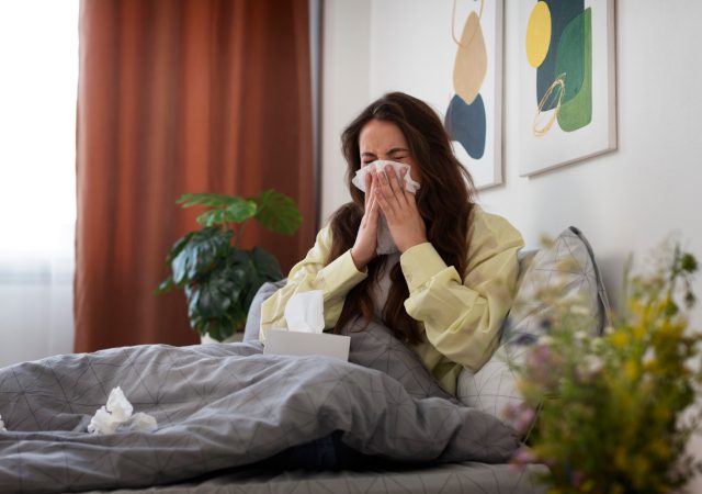 Woman experiencing seasonal allergy symptoms in Quebec