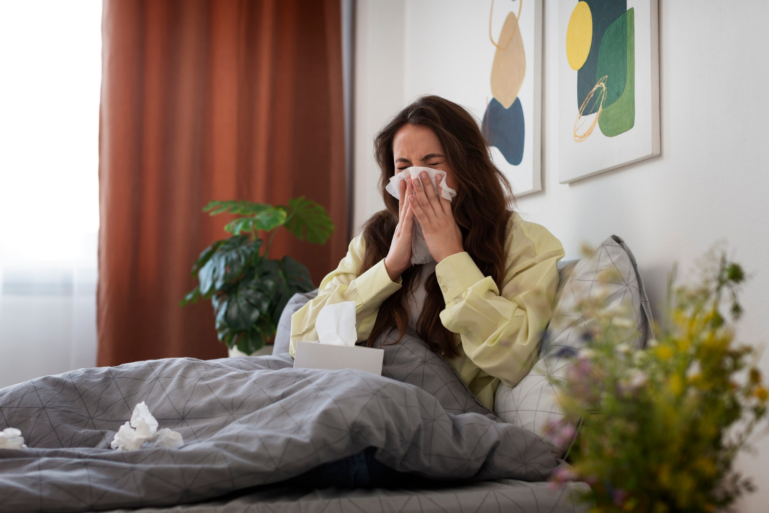 Woman experiencing seasonal allergy symptoms in Quebec